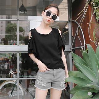 Beaded Cutout-shoulder Bamboo Cotton Top