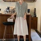 3/4-sleeve Knit Jacket / A-line Midi Skirt