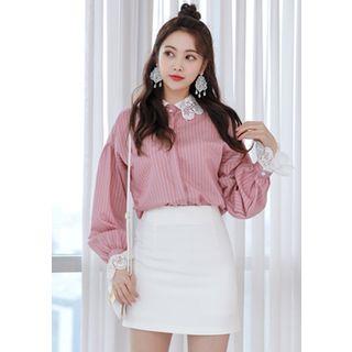 Lace-detail Balloon-sleeve Stripe Blouse