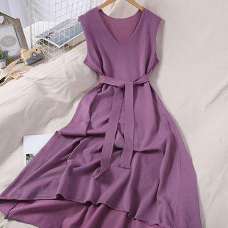 Sleeveless Tie-waist Knit Midi A-line Dress