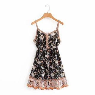 Spaghetti Strap V-neck Pattern Mini A-line Dress