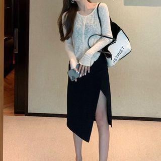 Plain Long-sleeve Cardigan / Side-slit Skirt