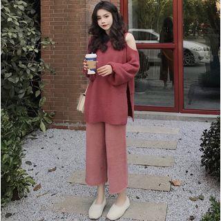 One-shoulder Slit Sweater / Wide-leg Knit Pants