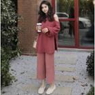 One-shoulder Slit Sweater / Wide-leg Knit Pants