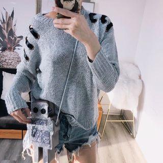 Lace-up Grommet Round Neck Sweater