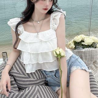 Sleeveless Tiered Frill Trim Top