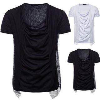Short-sleeve Mesh Panel Cowl Neck T-shirt