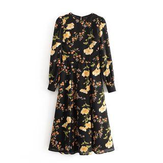 Floral Print Long-sleeve Midi A-line Dres