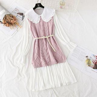 Set: Sleeveless Beaded Knit Dress + Frilled Chiffon Midi Dress