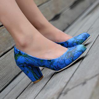 Floral Patterned Block Heel Pumps