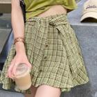 Mock Two-piece Tie-waist Plaid Mini A-line Skirt