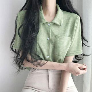 Short-sleeve Collar Button-up Knit Top