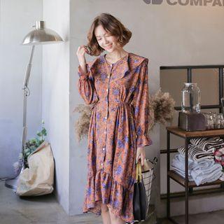 Capelet Buttoned Floral Long Dress