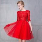 Lace Appliqu  Elbow-sleeve Mini Prom Dress