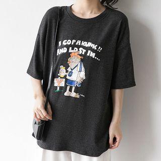 Cartoon Print Lettering Elbow-sleeve T-shirt