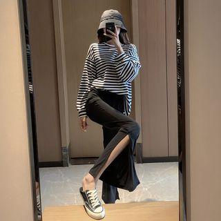 Band-waist Slit-side Boot-cut Pants Black - One Size