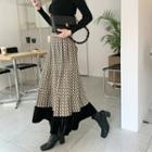 Velvet-hem Patterned Maxi Skirt Beige - One Size