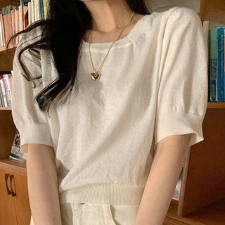 Puff-sleeve Plain Knit Top Off-white - One Size