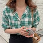 Short Sleeve Plaid Blouse Green - One Size