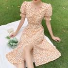 Puff-sleeve Floral Print Slit-hem A-line Midi Dress