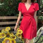 Short-sleeve A-line Wrap Dress Red - One Size