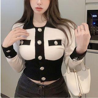 Two-tone Button-up Slim-fit Knit Top