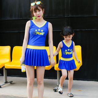 Family Matching Lettering Pleated Swimdress