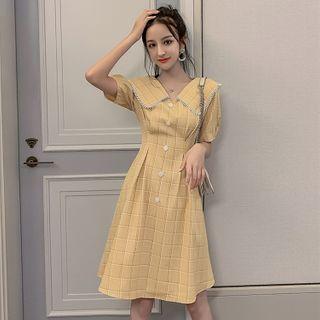 Collared Plaid Short-sleeve A-line Dress