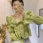 Long-sleeve Square-neck Plain Blouse Green - One Size