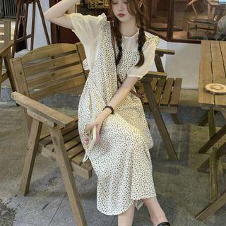 Short-sleeve Plain Top / Floral Midi Overall Dress