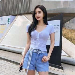 Plunged-neck Frilled Skinny T-shirt