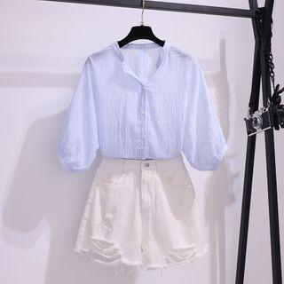 Set: Puff-sleeve Shirt + Distressed High-waist Shorts