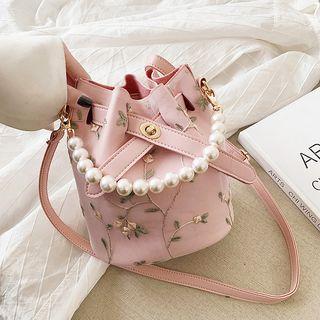 Faux Leather Faux Pearl Handle Lace Branches Bucket Bag