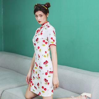 Cherry Printed Short-sleeve Qipao Dress