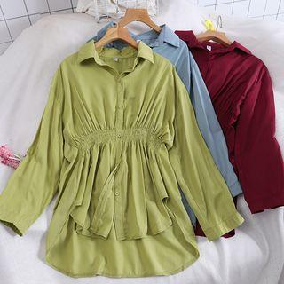 Plain Long-sleeve Elastic-waist Long Blouse