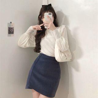 Lace Panel Blouse / High-waist Mini Pencil Skirt