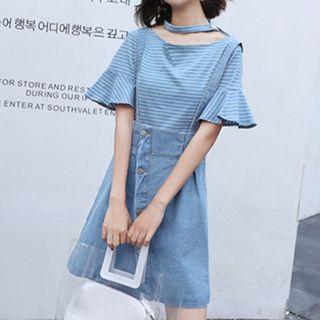 Set: Striped Short-sleeve T-shirt + Denim Suspender Skirt