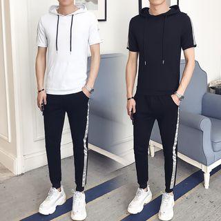 Set: Contrast Trim Hooded Short-sleeve T-shirt + Sweatpants