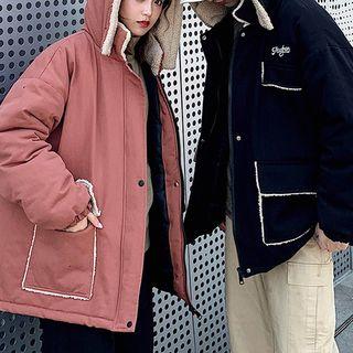 Lettering Button Zip Hooded Padded Jacket