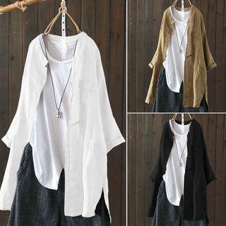 3/4-sleeve Buttoned Linen Blend Blouse