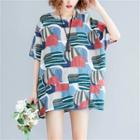 Elbow-sleeve Print T-shirt Blue & Gray & Red - One Size
