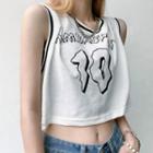 Sleeveless Contrast Trim Lettering Cropped T-shirt
