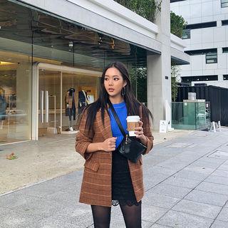 Peaked-lapel Check Wool Blend Jacket