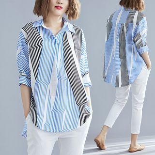 3/4-sleeve Striped Shirt As Shown In Figure - One Size