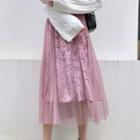 Mesh Panel Velvet Midi Skirt