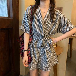 Short-sleeve Sashed Plaid Playsuit