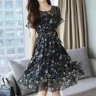 Short-sleeve Floral Print Chiffon A-line Midi Dress