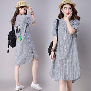 Short-sleeve Striped A-line Shirt Dress