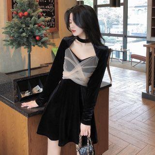 V Collar Spliced Mesh Velvet Dress