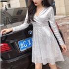 Glitter Long-sleeve V-neck A-line Dress